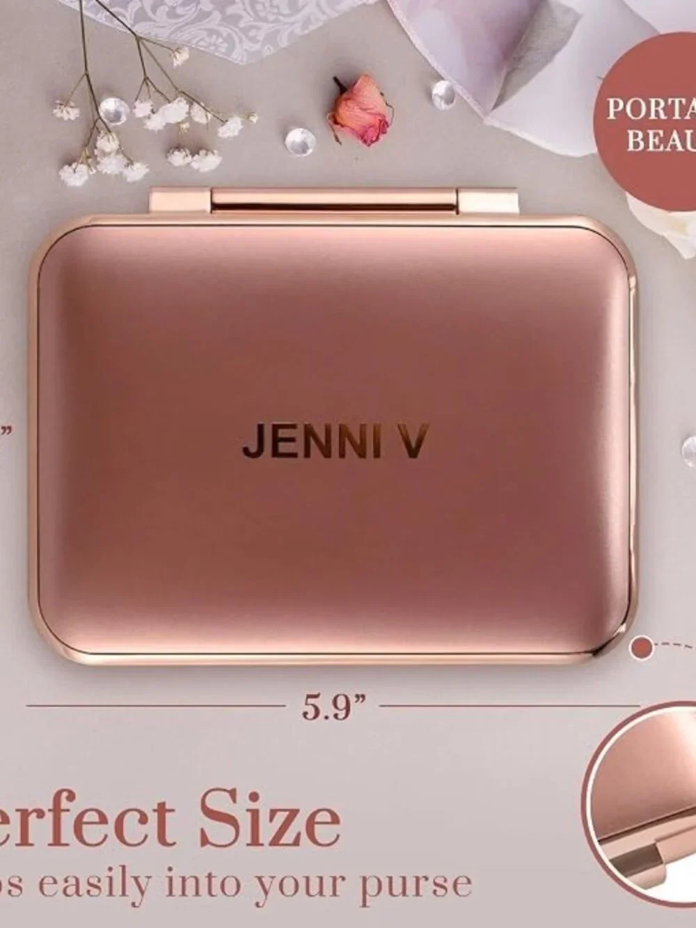 Jenni V Rose Gold LED Lighted Compact Mirror 5X Magnifying Power Bank
